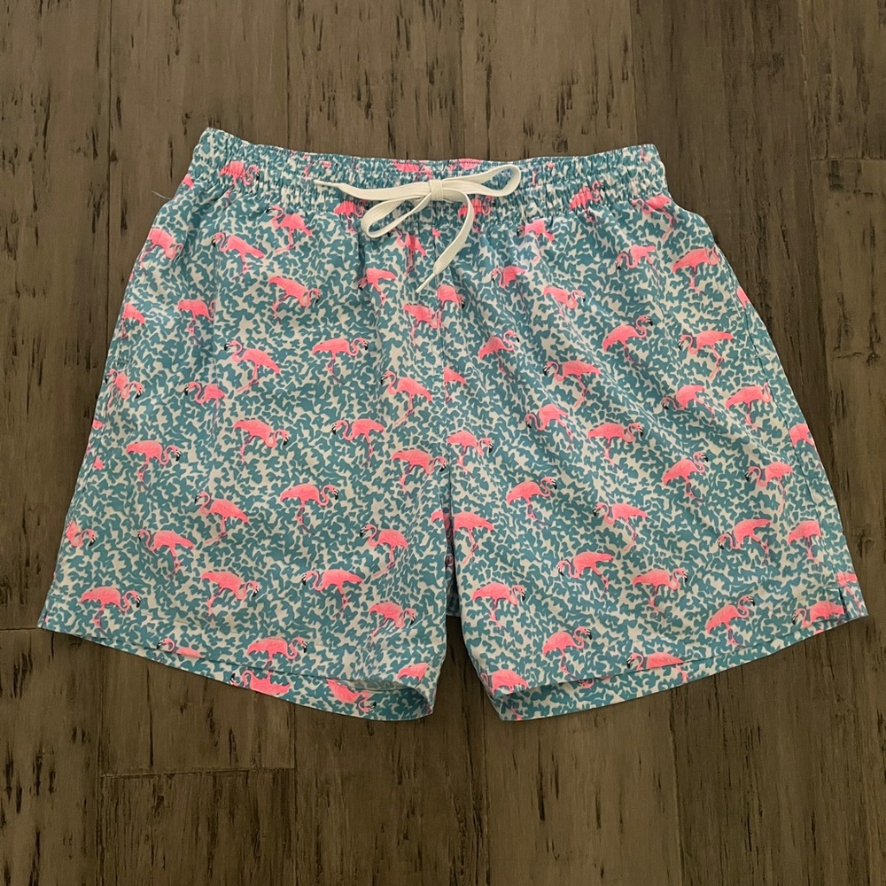 Chubbies Blue and Pink Flamingo Swim Shorts with Elastic Waistband Size Large
